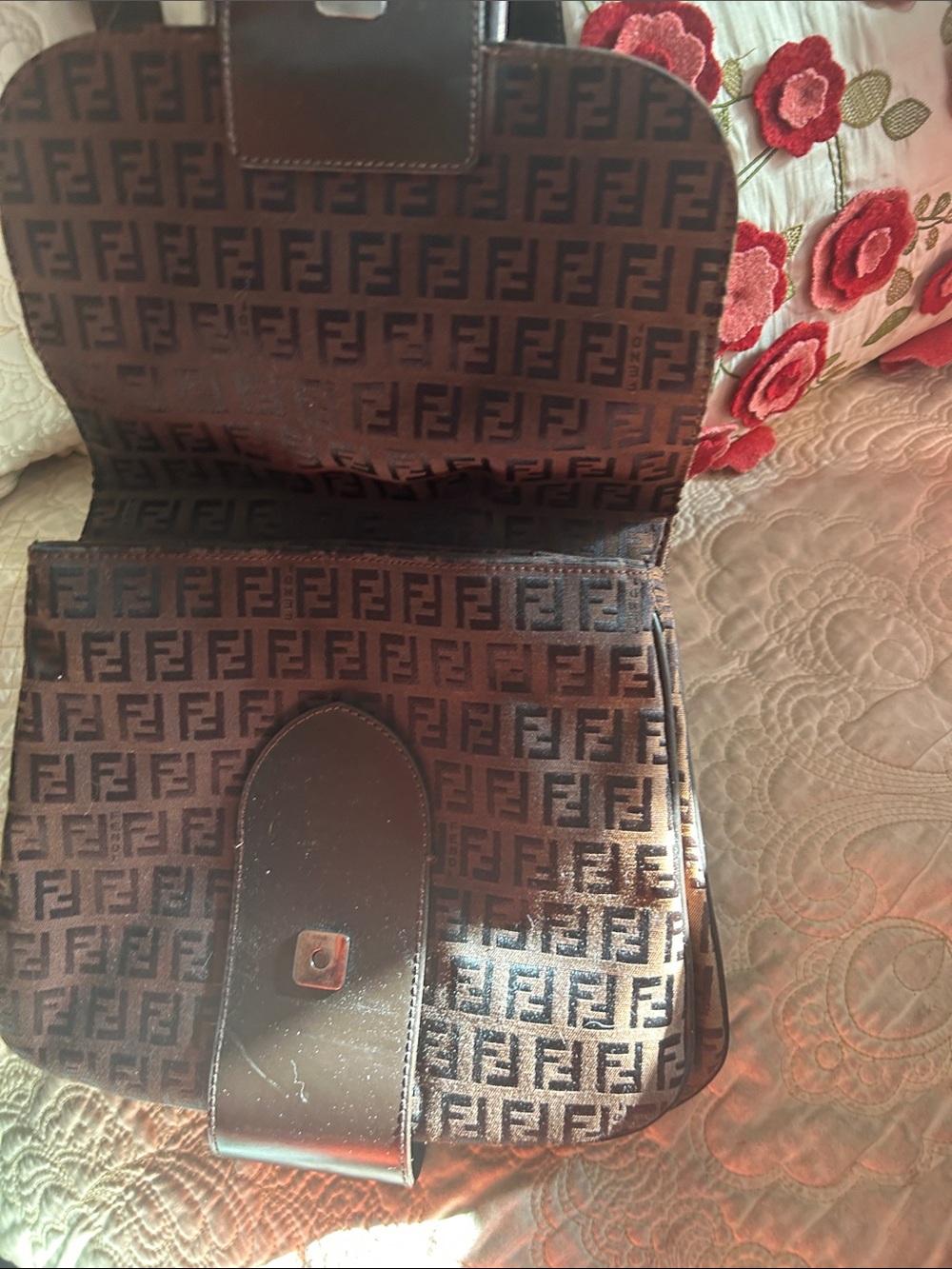 Fendi Brown Zucca Monogram Shoulder Bag with Dark Leather Trim - Picture 2 of 3
